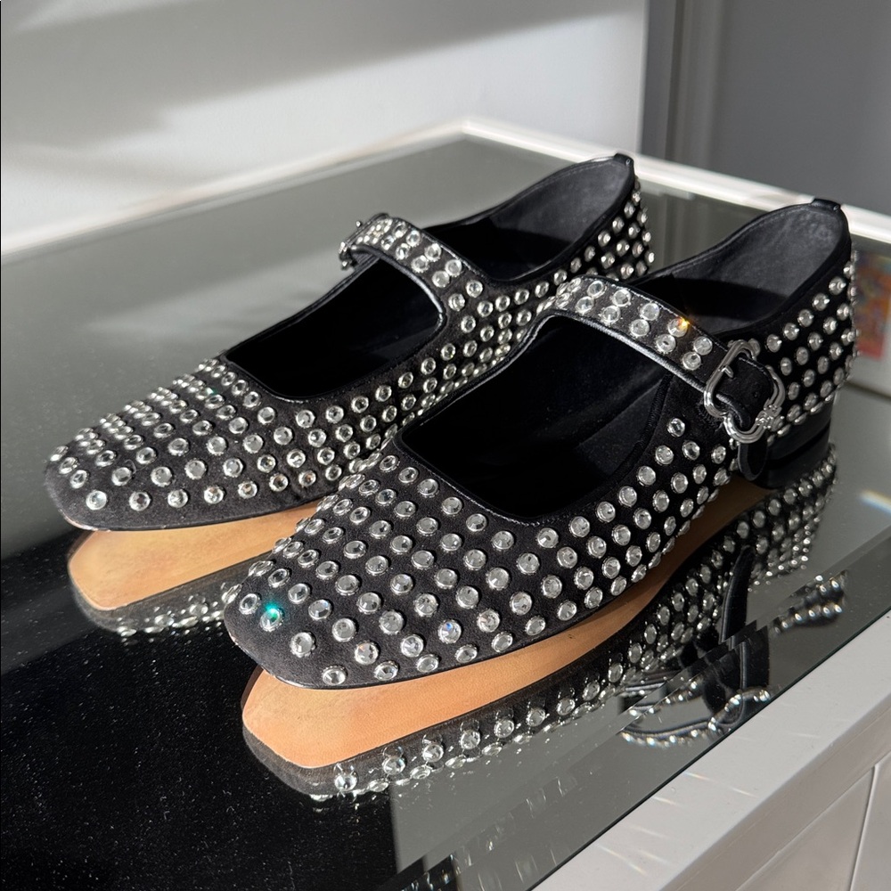 Sam Edelman Studded Rhinestone Black Mary Jane Flats WORN ONCE like new size 9.5